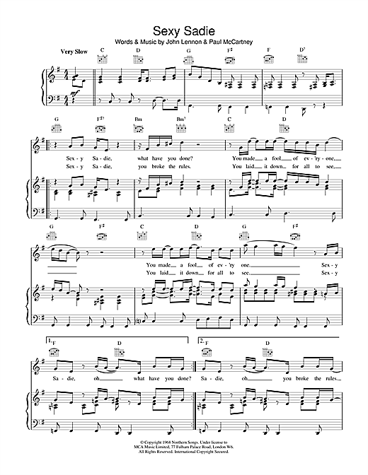 Learn to play The Beatles Sexy Sadie sheet music for Piano, Vocal & Guitar (Right-Hand Melody) in minutes. The Beatles Sexy Sadie sheet music notes and chords. Download Printable PDF.