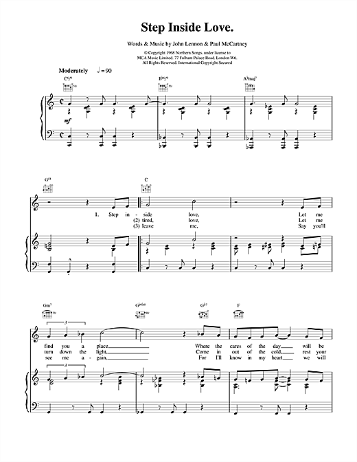 Learn to play The Beatles Step Inside Love sheet music for Piano, Vocal & Guitar (Right-Hand Melody) in minutes. The Beatles Step Inside Love sheet music notes and chords. Download Printable PDF.