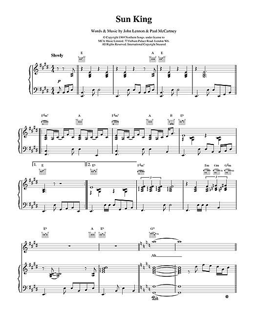 Learn to play The Beatles Sun King sheet music for Piano, Vocal & Guitar (Right-Hand Melody) in minutes. The Beatles Sun King sheet music notes and chords. Download Printable PDF.