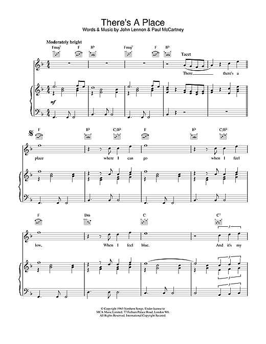 Learn to play The Beatles There's A Place sheet music for Piano, Vocal & Guitar (Right-Hand Melody) in minutes. The Beatles There's A Place sheet music notes and chords. Download Printable PDF.