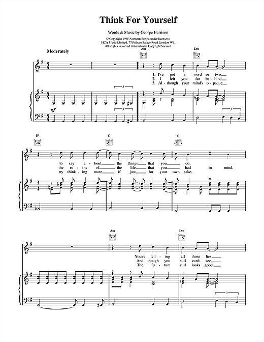 Learn to play The Beatles Think For Yourself sheet music for Piano, Vocal & Guitar (Right-Hand Melody) in minutes. The Beatles Think For Yourself sheet music notes and chords. Download Printable PDF.
