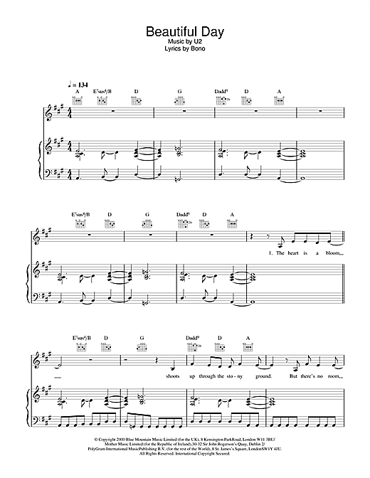 Learn to play U2 Beautiful Day sheet music for Piano, Vocal & Guitar in minutes. U2 Beautiful Day sheet music notes and chords. Download Printable PDF.