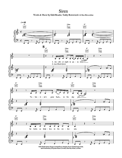 Learn to play Eddi Reader Siren sheet music for Piano, Vocal & Guitar in minutes. Eddi Reader Siren sheet music notes and chords. Download Printable PDF.