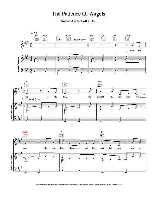 Learn to play Eddi Reader The Patience Of Angels sheet music for Piano, Vocal & Guitar (Right-Hand Melody) in minutes. Eddi Reader The Patience Of Angels sheet music notes and chords. Download Printable PDF.