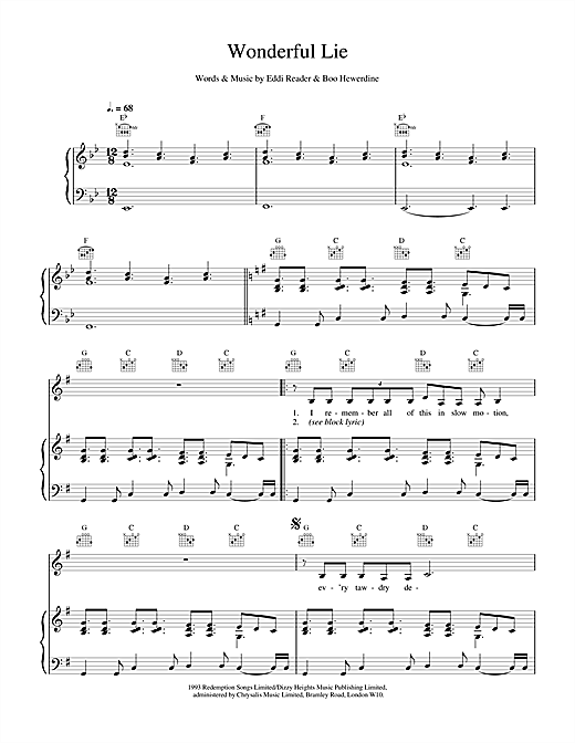 Learn to play Eddi Reader Wonderful Lie sheet music for Piano, Vocal & Guitar in minutes. Eddi Reader Wonderful Lie sheet music notes and chords. Download Printable PDF.