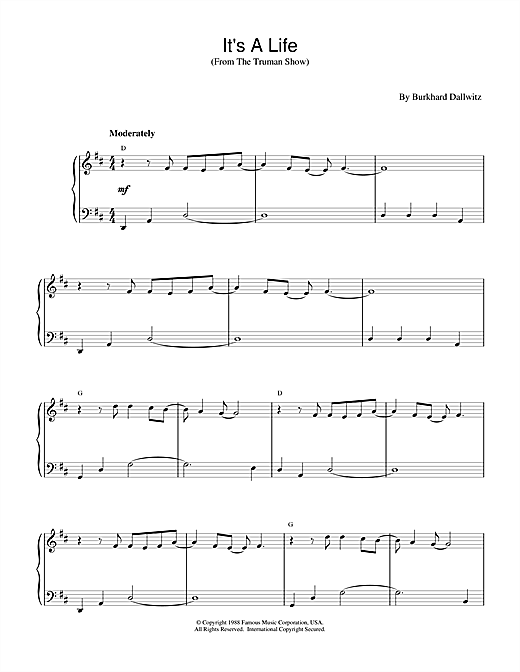 Learn to play Burkhard Dallwitz It's a Life (from The Truman Show) sheet music for Easy Piano in minutes. Burkhard Dallwitz It's a Life (from The Truman Show) sheet music notes and chords. Download Printable PDF.
