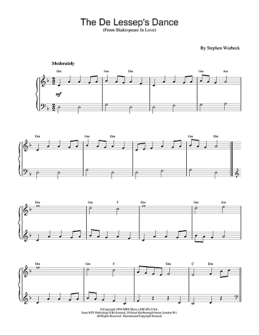 Learn to play Stephen Warbeck The De Lessep's Dance (from Shakespeare In Love) sheet music for Piano in minutes. Stephen Warbeck The De Lessep's Dance (from Shakespeare In Love) sheet music notes and chords. Download Printable PDF.