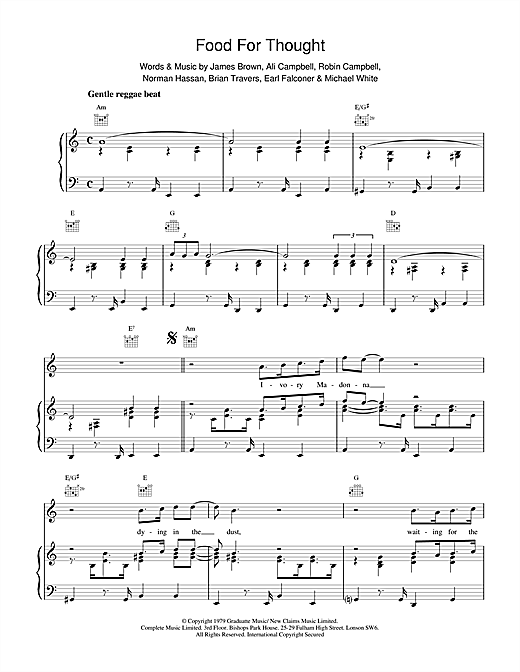 Learn to play UB40 Food For Thought sheet music for Piano, Vocal & Guitar (Right-Hand Melody) in minutes. UB40 Food For Thought sheet music notes and chords. Download Printable PDF.