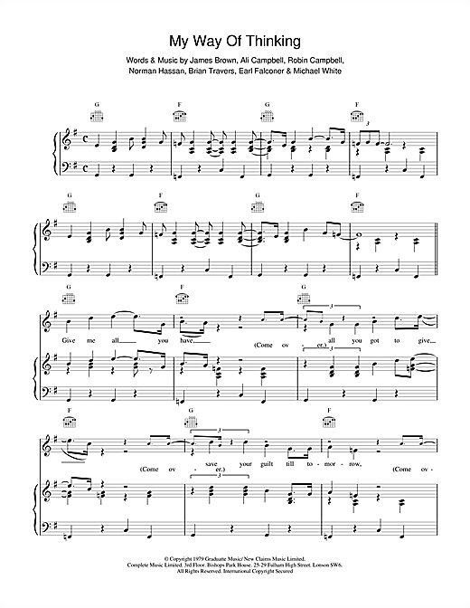 Learn to play UB40 My Way Of Thinking sheet music for Piano, Vocal & Guitar (Right-Hand Melody) in minutes. UB40 My Way Of Thinking sheet music notes and chords. Download Printable PDF.