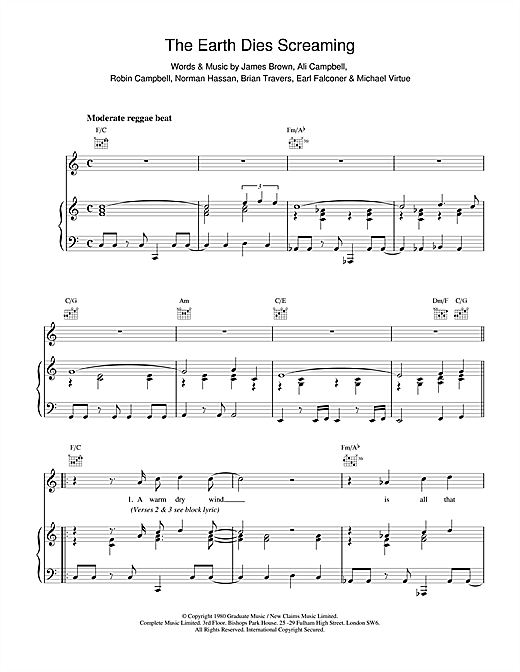 Learn to play UB40 The Earth Dies Screaming sheet music for Piano, Vocal & Guitar (Right-Hand Melody) in minutes. UB40 The Earth Dies Screaming sheet music notes and chords. Download Printable PDF.