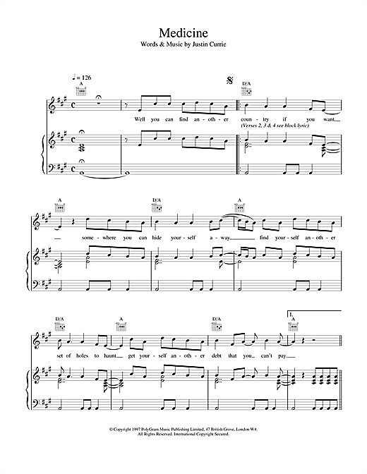 Learn to play Del Amitri Medicine sheet music for Piano, Vocal & Guitar (Right-Hand Melody) in minutes. Del Amitri Medicine sheet music notes and chords. Download Printable PDF.