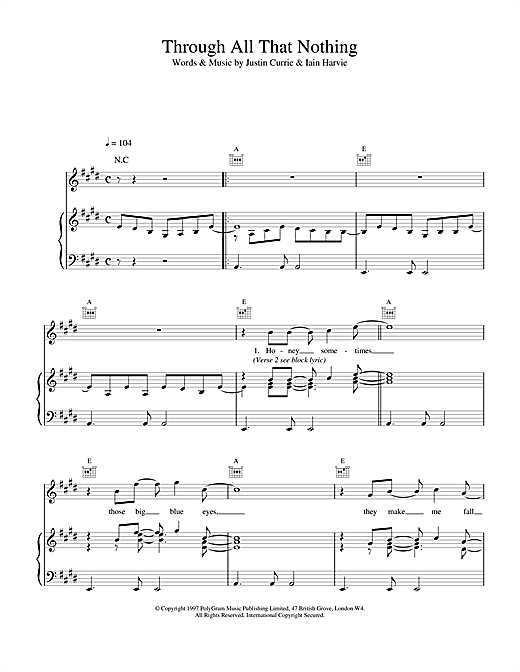 Learn to play Del Amitri Through All That Nothing sheet music for Piano, Vocal & Guitar (Right-Hand Melody) in minutes. Del Amitri Through All That Nothing sheet music notes and chords. Download Printable PDF.
