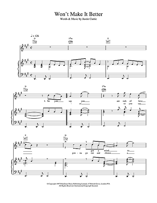Learn to play Del Amitri Won't Make It Better sheet music for Piano, Vocal & Guitar (Right-Hand Melody) in minutes. Del Amitri Won't Make It Better sheet music notes and chords. Download Printable PDF.