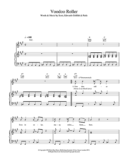 Learn to play Space Voodoo Roller sheet music for Piano, Vocal & Guitar (Right-Hand Melody) in minutes. Space Voodoo Roller sheet music notes and chords. Download Printable PDF.