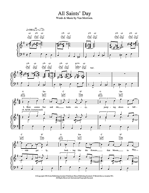 Learn to play Van Morrison All Saint's Day sheet music for Piano, Vocal & Guitar (Right-Hand Melody) in minutes. Van Morrison All Saint's Day sheet music notes and chords. Download Printable PDF.