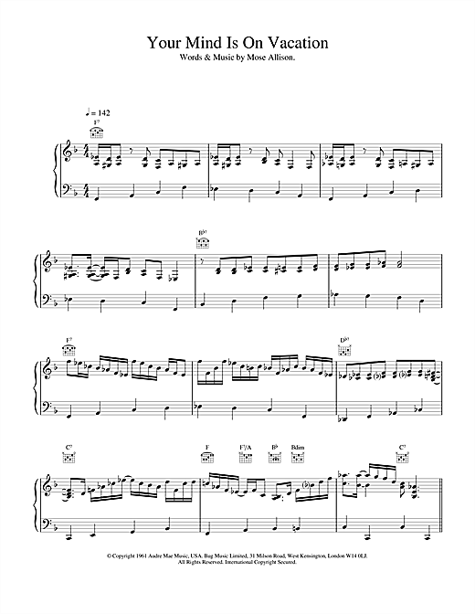 Learn to play Van Morrison Your Mind Is On Vacation sheet music for Piano, Vocal & Guitar in minutes. Van Morrison Your Mind Is On Vacation sheet music notes and chords. Download Printable PDF.