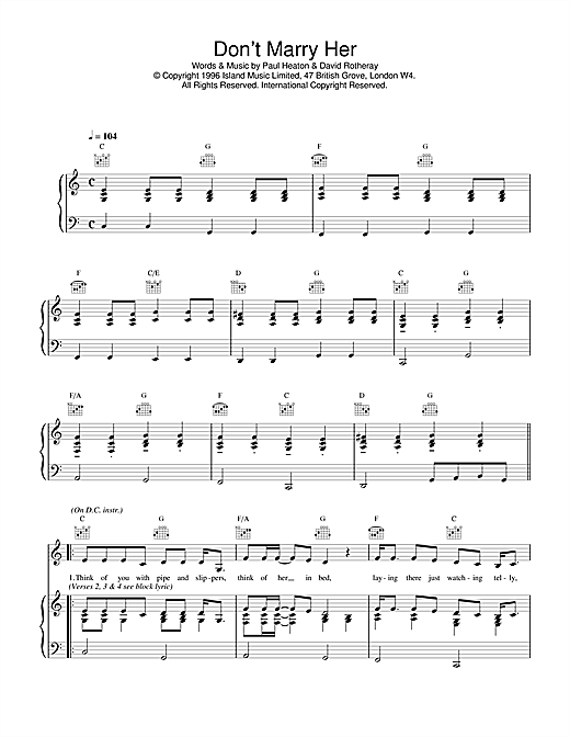 Learn to play The Beautiful South Don't Marry Her sheet music for Piano, Vocal & Guitar (Right-Hand Melody) in minutes. The Beautiful South Don't Marry Her sheet music notes and chords. Download Printable PDF.