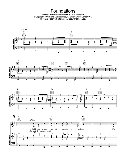 Learn to play The Beautiful South Foundations sheet music for Piano, Vocal & Guitar (Right-Hand Melody) in minutes. The Beautiful South Foundations sheet music notes and chords. Download Printable PDF.