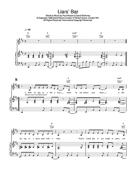 Learn to play The Beautiful South Liar's Bar sheet music for Piano, Vocal & Guitar (Right-Hand Melody) in minutes. The Beautiful South Liar's Bar sheet music notes and chords. Download Printable PDF.