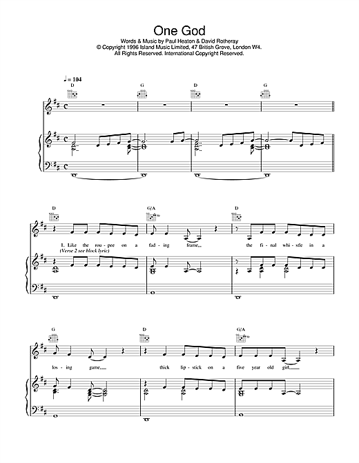 Learn to play The Beautiful South One God sheet music for Piano, Vocal & Guitar (Right-Hand Melody) in minutes. The Beautiful South One God sheet music notes and chords. Download Printable PDF.