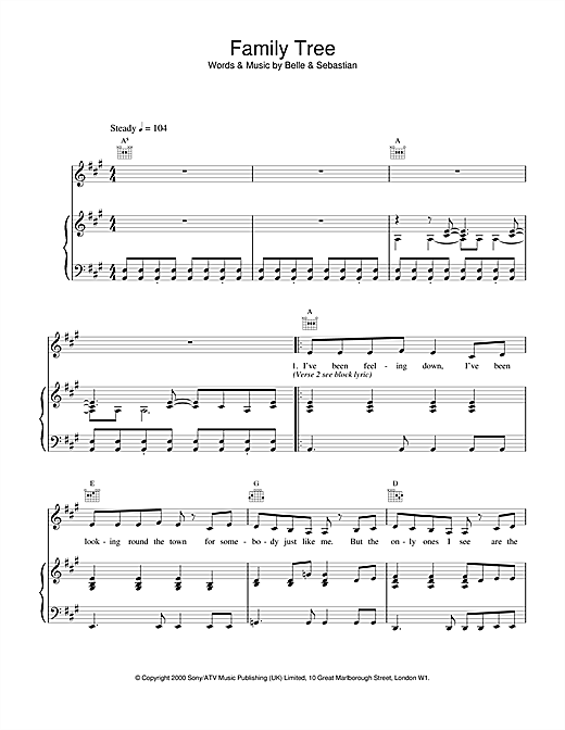 Learn to play Belle & Sebastian Family Tree sheet music for Piano, Vocal & Guitar in minutes. Belle & Sebastian Family Tree sheet music notes and chords. Download Printable PDF.