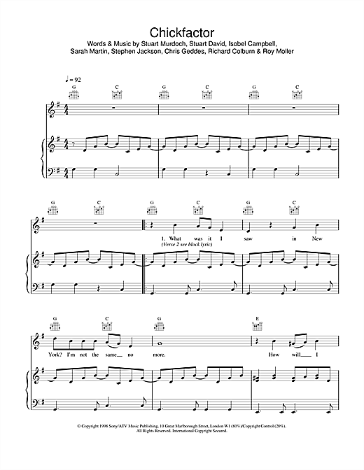 Learn to play Belle & Sebastian Chickfactor sheet music for Piano, Vocal & Guitar in minutes. Belle & Sebastian Chickfactor sheet music notes and chords. Download Printable PDF.