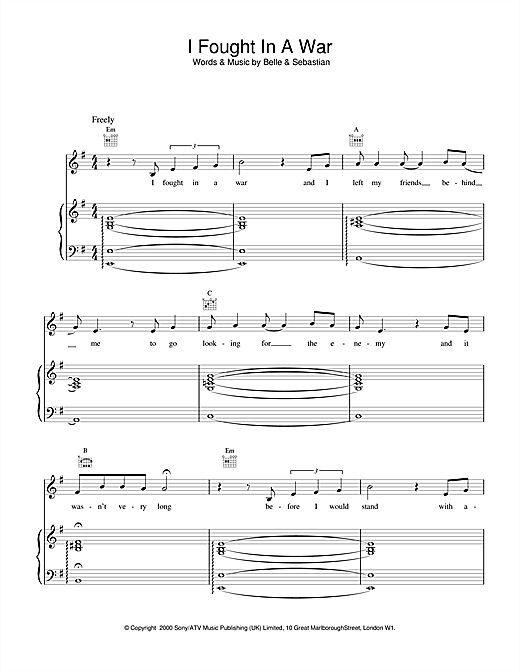 Learn to play Belle & Sebastian I Fought In A War sheet music for Piano, Vocal & Guitar in minutes. Belle & Sebastian I Fought In A War sheet music notes and chords. Download Printable PDF.