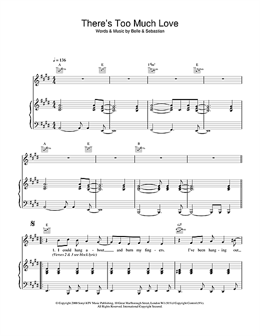 Learn to play Belle & Sebastian There's Too Much Love sheet music for Piano, Vocal & Guitar in minutes. Belle & Sebastian There's Too Much Love sheet music notes and chords. Download Printable PDF.