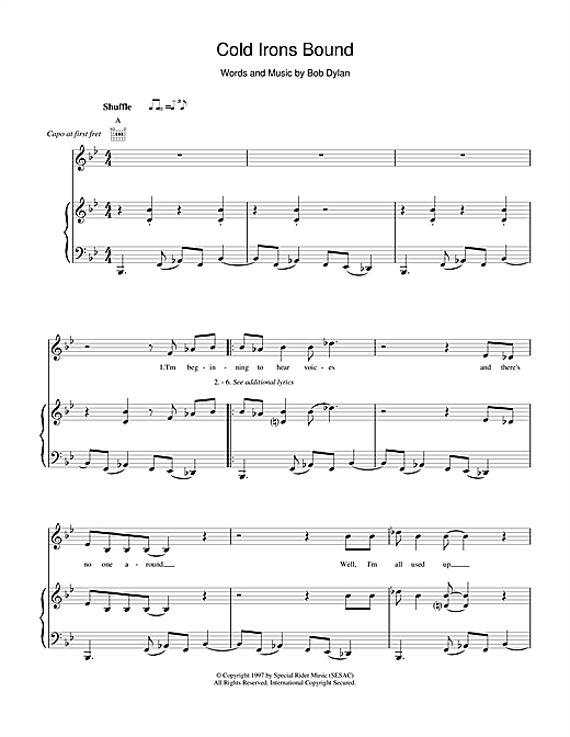 Learn to play Bob Dylan Cold Irons Bound sheet music for Piano, Vocal & Guitar (Right-Hand Melody) in minutes. Bob Dylan Cold Irons Bound sheet music notes and chords. Download Printable PDF.