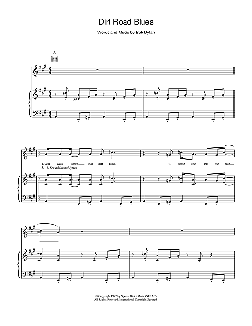 Learn to play Bob Dylan Dirt Road Blues sheet music for Piano, Vocal & Guitar (Right-Hand Melody) in minutes. Bob Dylan Dirt Road Blues sheet music notes and chords. Download Printable PDF.