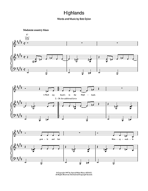 Learn to play Bob Dylan Highlands sheet music for Piano, Vocal & Guitar (Right-Hand Melody) in minutes. Bob Dylan Highlands sheet music notes and chords. Download Printable PDF.