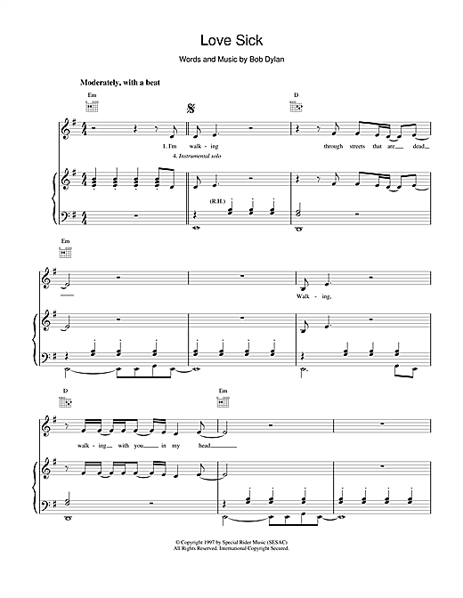 Learn to play Bob Dylan Love Sick sheet music for Piano, Vocal & Guitar (Right-Hand Melody) in minutes. Bob Dylan Love Sick sheet music notes and chords. Download Printable PDF.