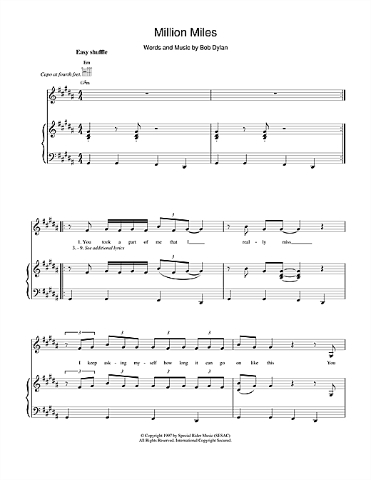 Learn to play Bob Dylan Million Miles sheet music for Piano, Vocal & Guitar (Right-Hand Melody) in minutes. Bob Dylan Million Miles sheet music notes and chords. Download Printable PDF.