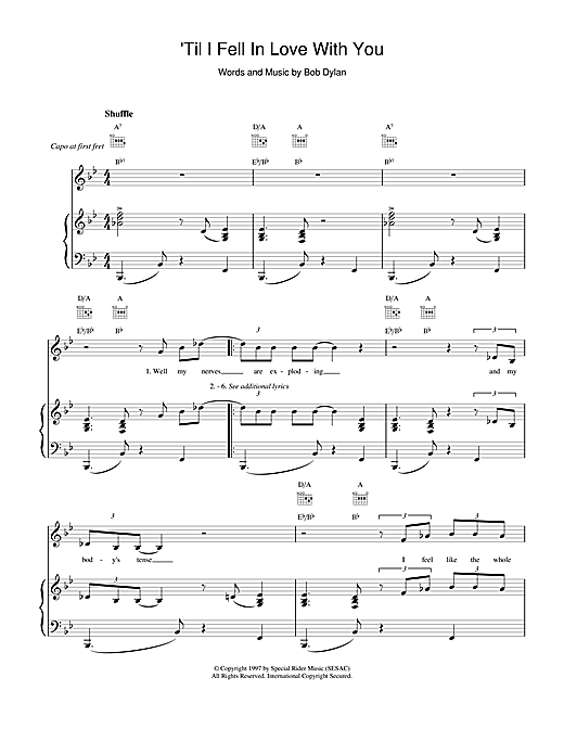 Learn to play Bob Dylan 'Til I Fell In Love With You sheet music for Piano, Vocal & Guitar (Right-Hand Melody) in minutes. Bob Dylan 'Til I Fell In Love With You sheet music notes and chords. Download Printable PDF.