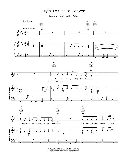Learn to play Bob Dylan Tryin'To Get To Heaven sheet music for Piano, Vocal & Guitar (Right-Hand Melody) in minutes. Bob Dylan Tryin'To Get To Heaven sheet music notes and chords. Download Printable PDF.