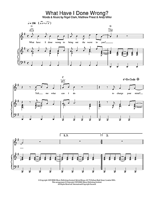 Learn to play Dodgy What Have I Done Wrong sheet music for Piano, Vocal & Guitar (Right-Hand Melody) in minutes. Dodgy What Have I Done Wrong sheet music notes and chords. Download Printable PDF.