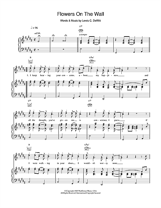 Learn to play The Statler Brothers Flowers On The Wall (from Pulp Fiction) sheet music for Piano, Vocal & Guitar (Right-Hand Melody) in minutes. The Statler Brothers Flowers On The Wall (from Pulp Fiction) sheet music notes and chords. Download Printable PDF.