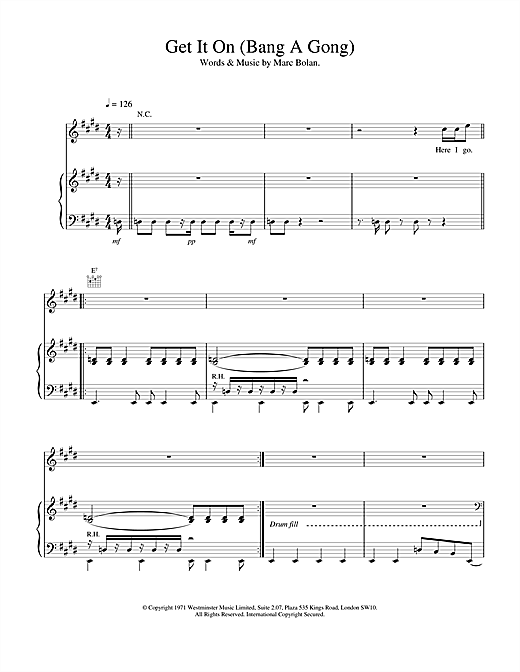 Learn to play T Rex Get It On (Bang A Gong) sheet music for Piano, Vocal & Guitar in minutes. T Rex Get It On (Bang A Gong) sheet music notes and chords. Download Printable PDF.