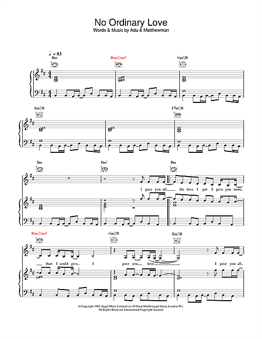 Learn to play Sade No Ordinary Love sheet music for Piano, Vocal & Guitar (Right-Hand Melody) in minutes. Sade No Ordinary Love sheet music notes and chords. Download Printable PDF.