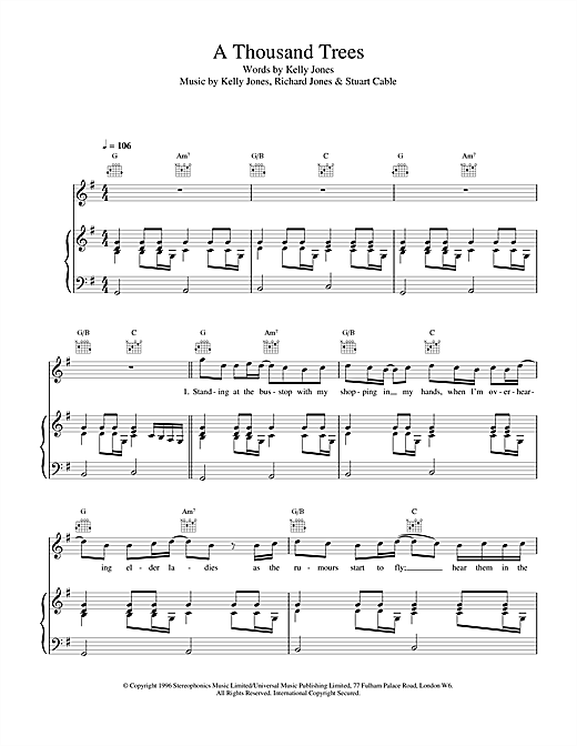 Learn to play Stereophonics A Thousand Trees sheet music for Piano, Vocal & Guitar in minutes. Stereophonics A Thousand Trees sheet music notes and chords. Download Printable PDF.