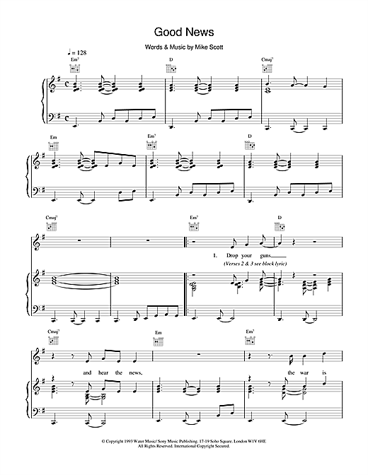 Learn to play Waterboys Good News sheet music for Piano, Vocal & Guitar (Right-Hand Melody) in minutes. Waterboys Good News sheet music notes and chords. Download Printable PDF.