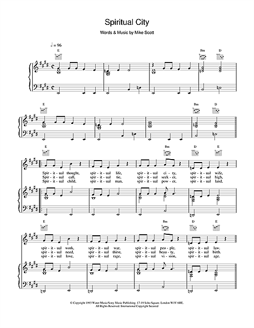 Learn to play Waterboys Spiritual City sheet music for Piano, Vocal & Guitar (Right-Hand Melody) in minutes. Waterboys Spiritual City sheet music notes and chords. Download Printable PDF.