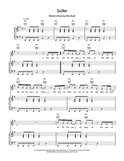 Learn to play Waterboys Suffer sheet music for Piano, Vocal & Guitar in minutes. Waterboys Suffer sheet music notes and chords. Download Printable PDF.
