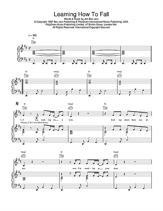 Learn to play Jon Bon Jovi Learning How To Fall sheet music for Piano, Vocal & Guitar (Right-Hand Melody) in minutes. Jon Bon Jovi Learning How To Fall sheet music notes and chords. Download Printable PDF.