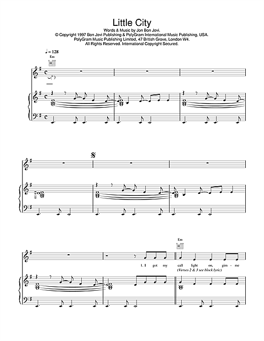 Learn to play Jon Bon Jovi Little City sheet music for Piano, Vocal & Guitar (Right-Hand Melody) in minutes. Jon Bon Jovi Little City sheet music notes and chords. Download Printable PDF.