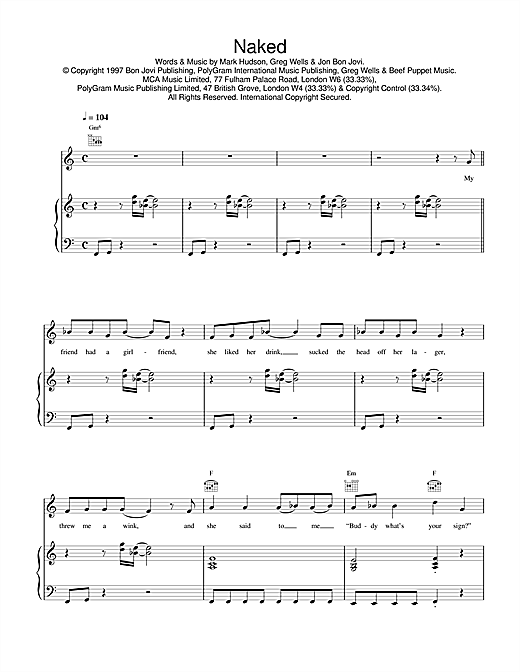 Learn to play Jon Bon Jovi Naked sheet music for Piano, Vocal & Guitar in minutes. Jon Bon Jovi Naked sheet music notes and chords. Download Printable PDF.
