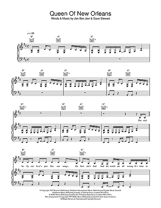 Learn to play Jon Bon Jovi Queen Of New Orleans sheet music for Piano, Vocal & Guitar in minutes. Jon Bon Jovi Queen Of New Orleans sheet music notes and chords. Download Printable PDF.