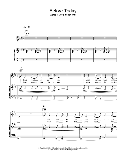 Learn to play Everything But The Girl Before Today sheet music for Piano, Vocal & Guitar (Right-Hand Melody) in minutes. Everything But The Girl Before Today sheet music notes and chords. Download Printable PDF.