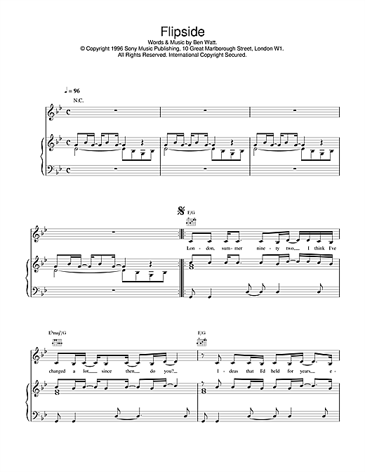 Learn to play Everything But The Girl Flipside sheet music for Piano, Vocal & Guitar (Right-Hand Melody) in minutes. Everything But The Girl Flipside sheet music notes and chords. Download Printable PDF.