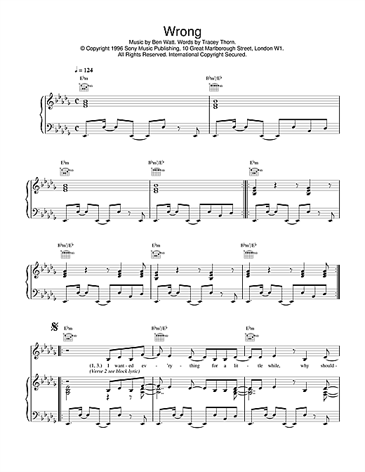 Learn to play Everything But The Girl Wrong sheet music for Piano, Vocal & Guitar (Right-Hand Melody) in minutes. Everything But The Girl Wrong sheet music notes and chords. Download Printable PDF.